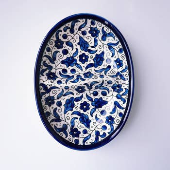 Hand-painted ceramic half-split plate in blue style