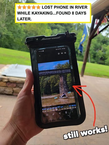 A reviewer shows their phone in the black pouch with a review quote 