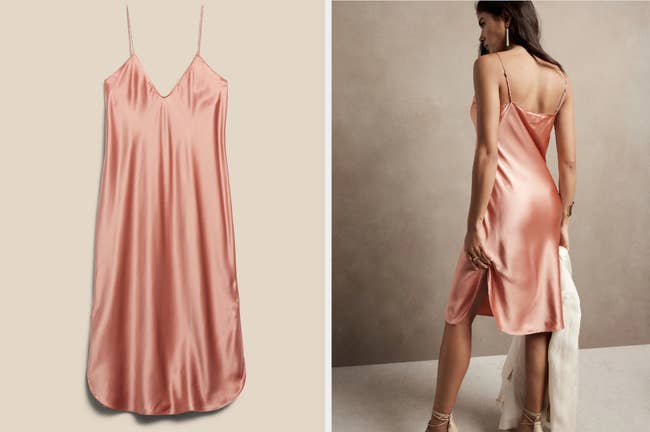 Front view of rose gold silk slip dress, model showing back view of dress
