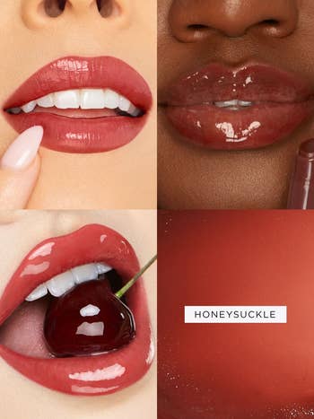 Four models wearing shade honeysuckle, a light red color