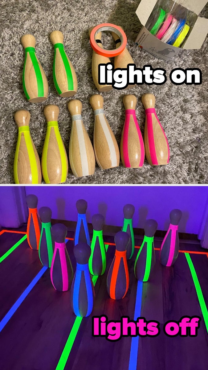 a reviewer photo of what bowling pins with tape on them look like with the lights on versus the lights off