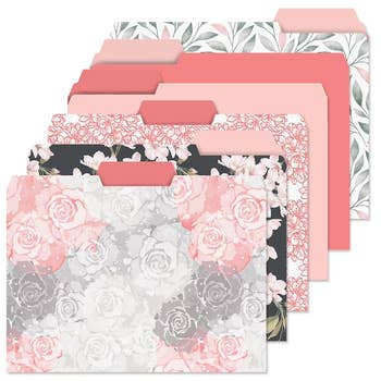 Set of six decorative floral record  folders with tabs, featuring antithetic  floral patterns, for stylish organization
