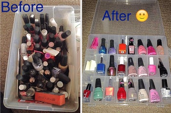 before and after - the before pic shows a ton of nail polish in a bucket, you can't even see what most of it is; after pic shows them neatly sorted into the container so you can clearly see each bottle