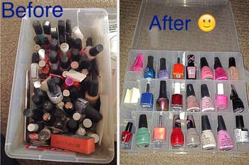 before and after - the before pic shows a ton of nail polish in a bucket, you can't even see what most of it is; after pic shows them neatly sorted into the container so you can clearly see each bottle