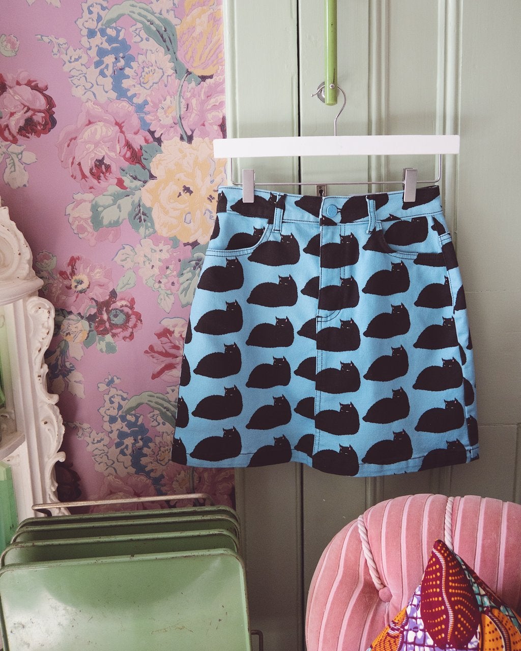 blue skirt with black cat pattern