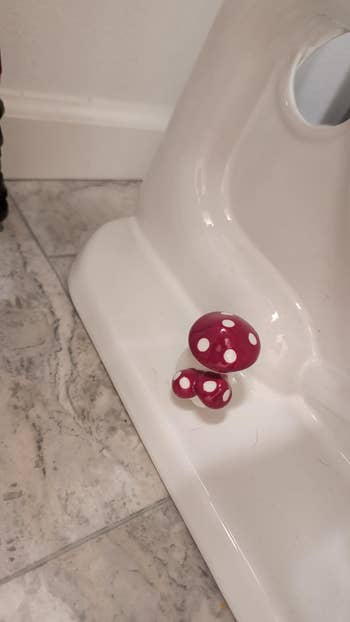 Ceramic mushroom decor placed connected a bath level adjacent a achromatic toilet base