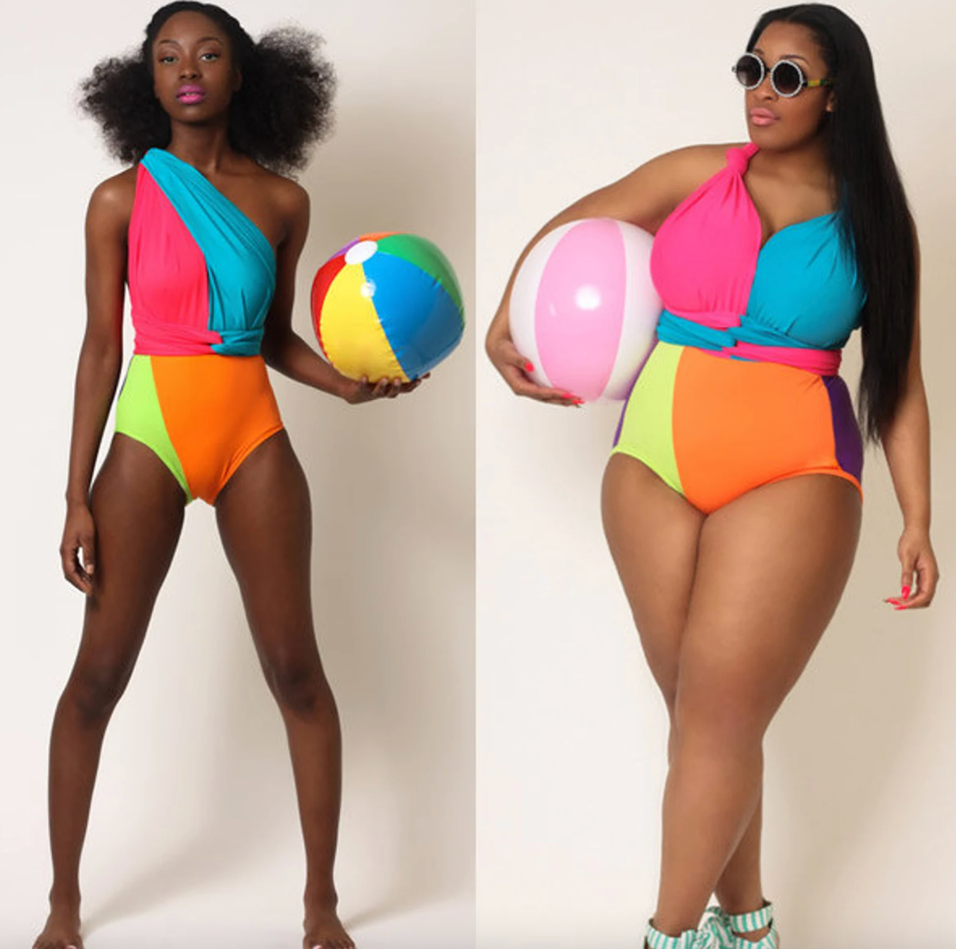 model wearing the swimsuit in two different ways