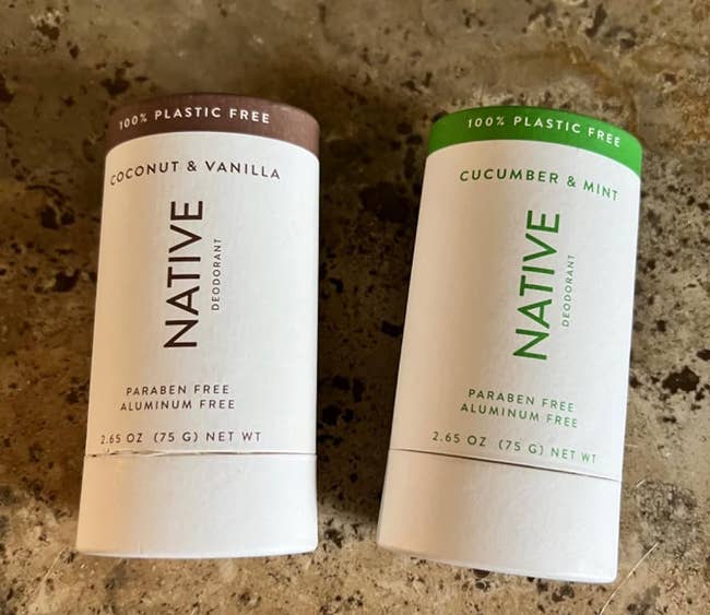 a reviewer photo of two plastic-free deodorant sticks 