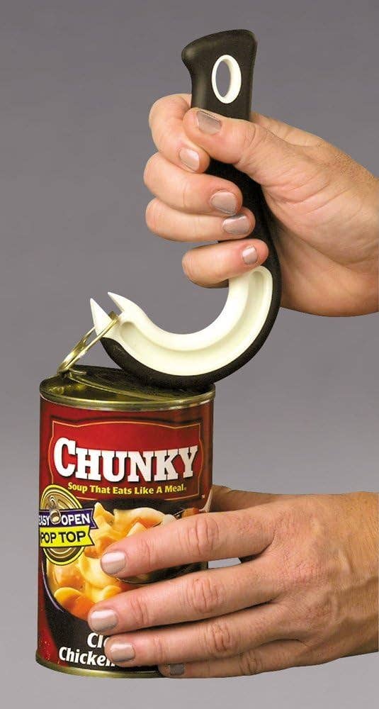 Reviewer using a hook-shaped tool to open a can with a tab ring 