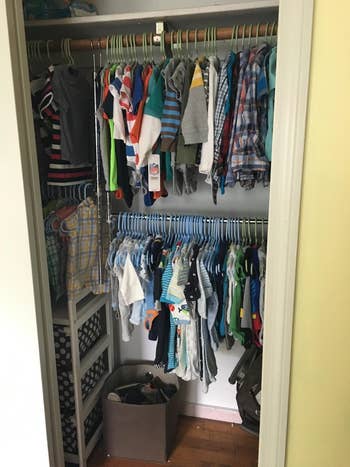 the adjustable closet rod in closet filled with little kid's clothes