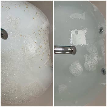 reviewer before and after showing dirty water in a tub that's being cleaned next to the tub filled with clean water after being cleaned