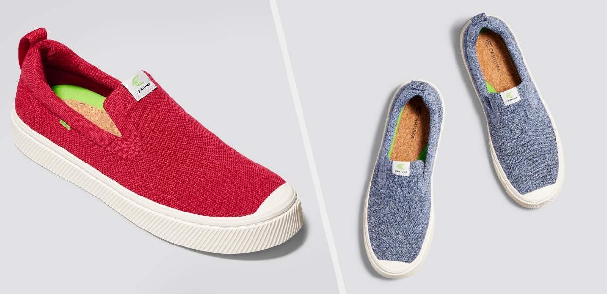 Two images of red and light blue sneakers