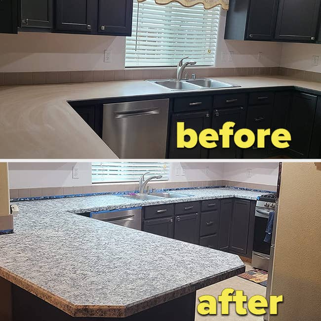 reviewer's before photo of a plain tan kitchen counter and after photo of it with the finished white diamond counter paint