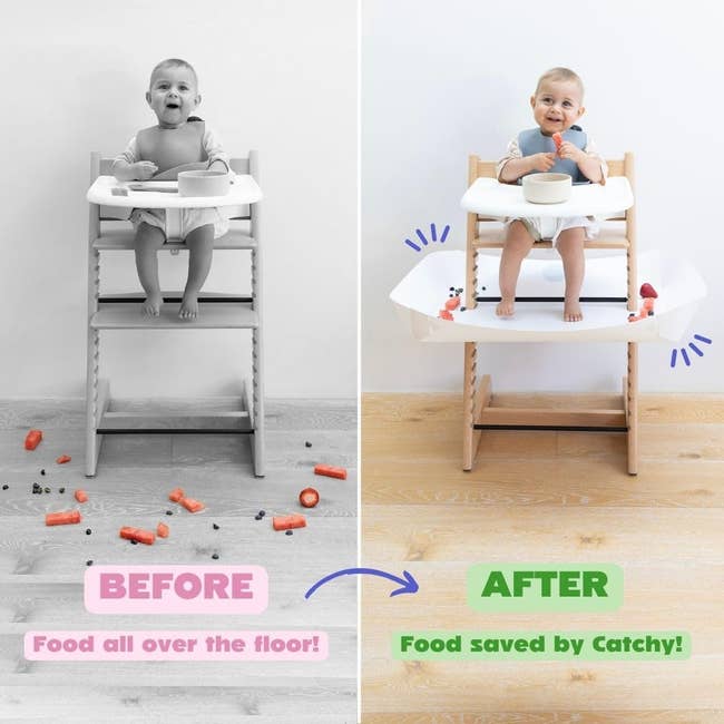 Gambar belahan bayi di kursi tinggi. Kiri: kekacauan di lantai. Kanan: Kursi tinggi dengan nampan makanan, tidak ada kekacauan. Teks: 