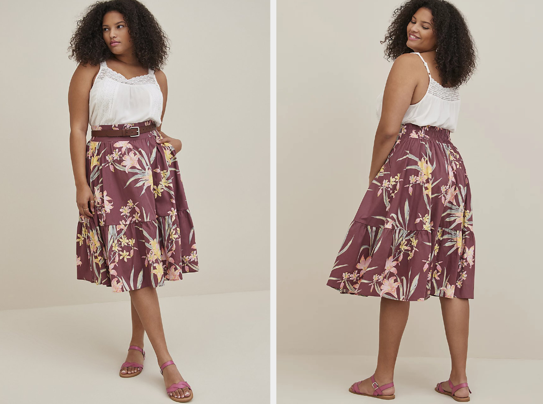 Two images of model wearing purple midi skirt with white top