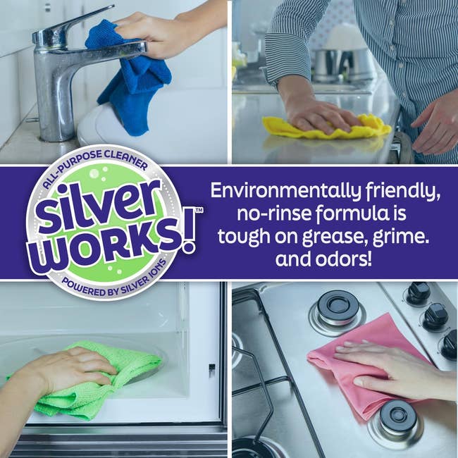 Ad for SilverWorks cleaner with four scenes of hands cleaning different surfaces, emphasizing its eco-friendly benefits