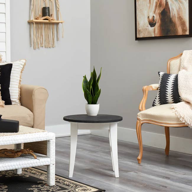 Living room with beige sofa, patterned throw pillows, white round table with a potted plant; horse artwork on the wall