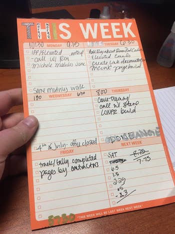 reviewer photo of the weekly planning pad all filled out with notes
