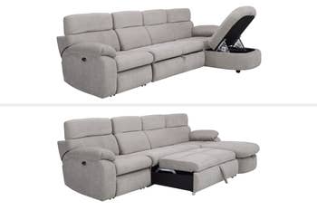 top-bottom collage of the sectional couch, showing storage chaise and sleeper sofa