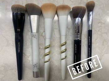a reviewer's before photo of their dirty makeup brushes
