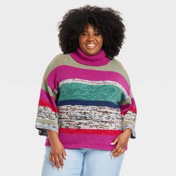 model wearing the sweater in a different color scheme