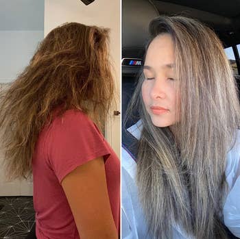 reviewer's damaged hair before using treatment and then after appearing smoother 