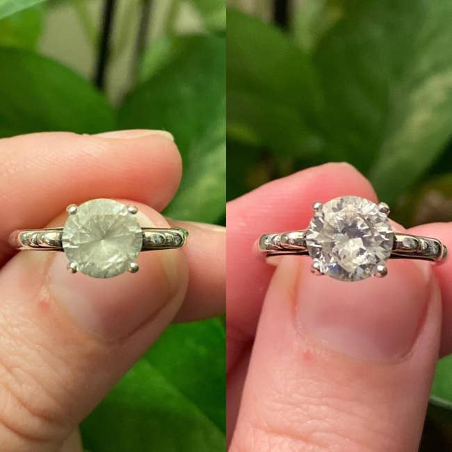 reviewer shows their foggy diamond ring before using the cleaning pen and after now clean and sparkling