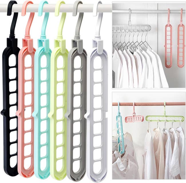 colorful hangers with holes and shirts hanging from the holes