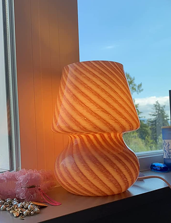 mushroom lamp with pink and white striped pattern 