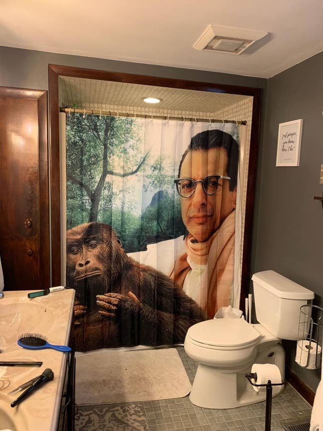shower curtain depicting jeff goldblum and a gorilla in a reviewer's bathroom