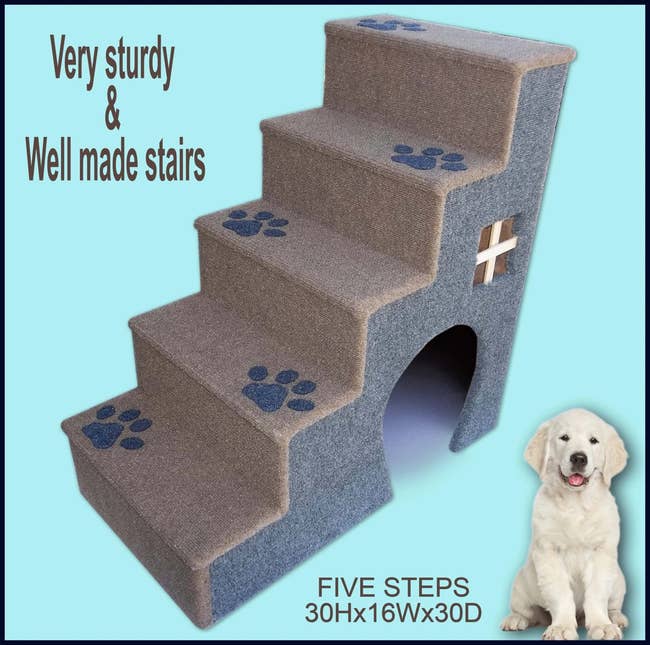 Gray carpeted wooden 5-step dog stair with paw print pattern and cutout underneath on a blue background