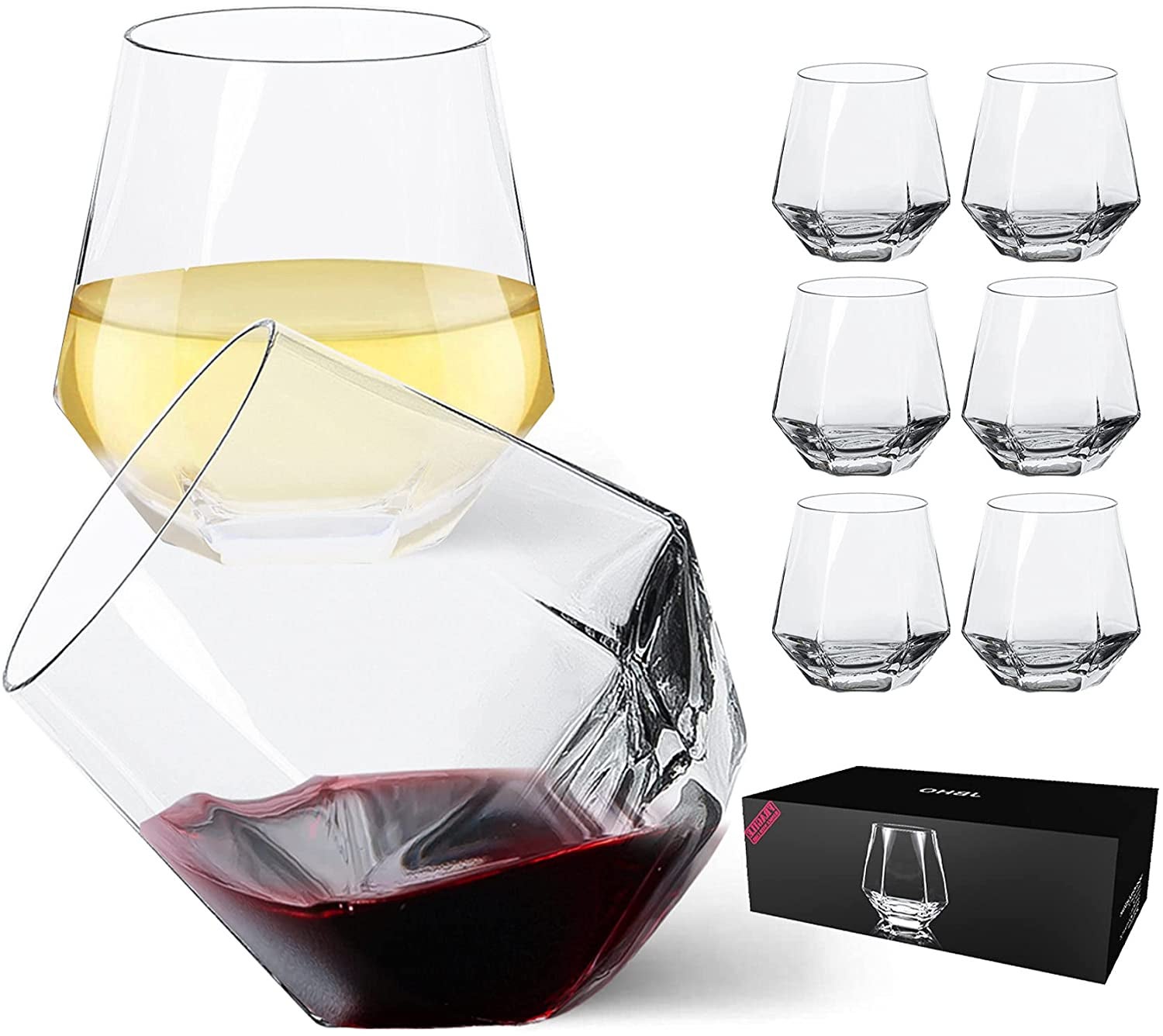 Image of eight wine glasses and their black packaging