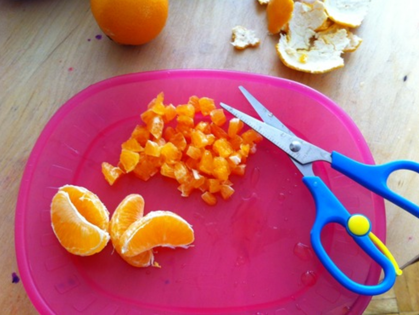 Reviewer image of mandarin orange slices cut up into tiny pieces by the scissors 