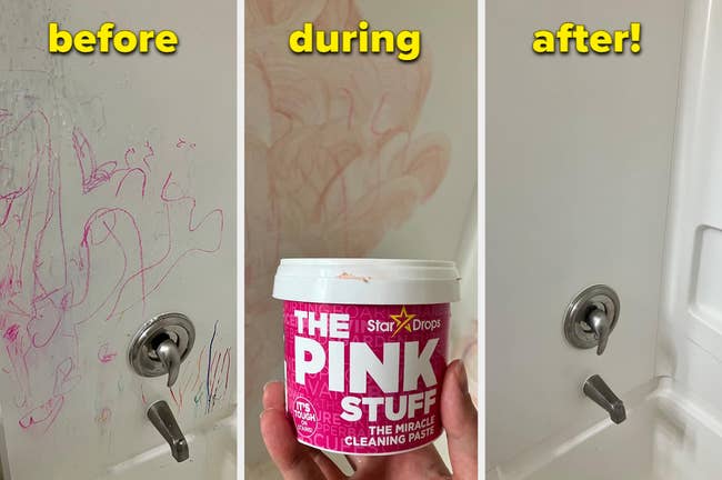 Three-panel image showing a before photo of crayon on a white bathroom wall, reviewer holding the Pink Stuff tub with it applied to wall in background, and the final photo of the wall completely free of crayon