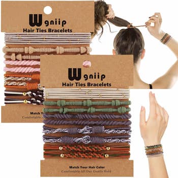 Hair necktie  bracelet battalion  with assorted  styles, displayed connected  a packaging card. Model shows versatile usage  arsenic  hairsbreadth  ties oregon  bracelets