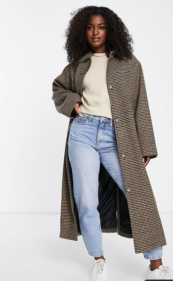 Model wearing checkered wool mix coat