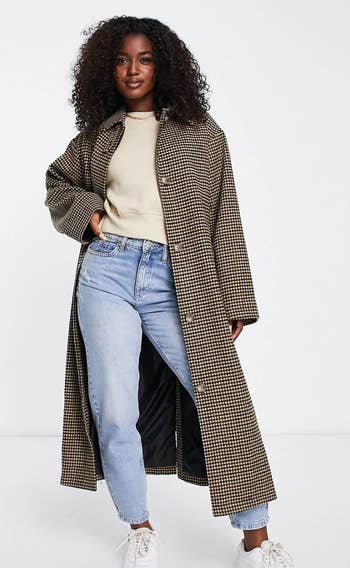 Model wearing checkered wool mix coat