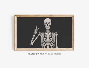 art of a skeleton with a peace sign on a frame tv