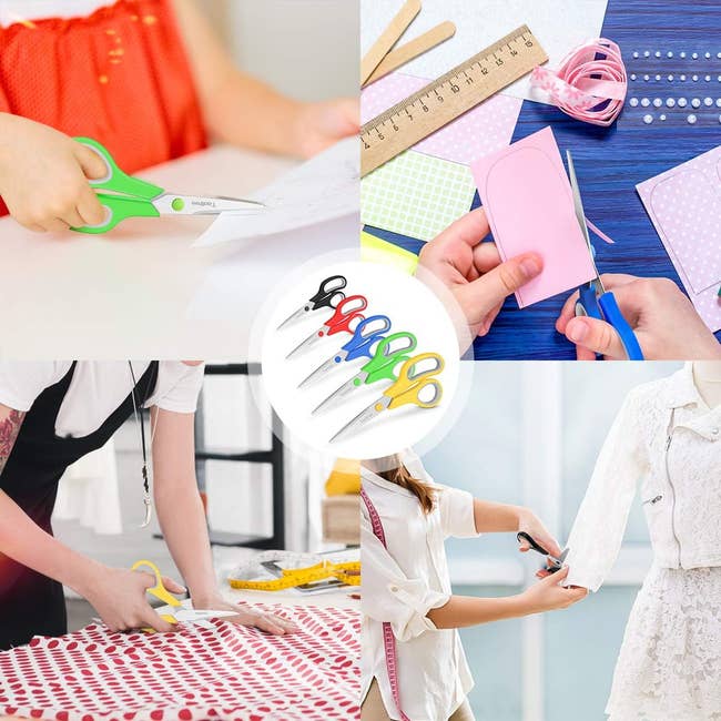 four images of models using scissors to cut fabric and paper in different settings