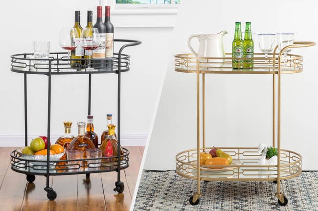Two images of black and gold bar cart
