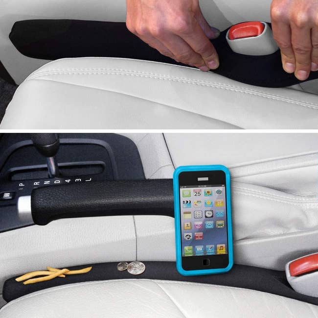 a photo set showing hands securing the gap filler around a seatbelt buckle to keep it from slipping into the car's seat gap, and another photo showing a phone, fries, and coins resting on the gap filler to show that they won't fall into the seat gap