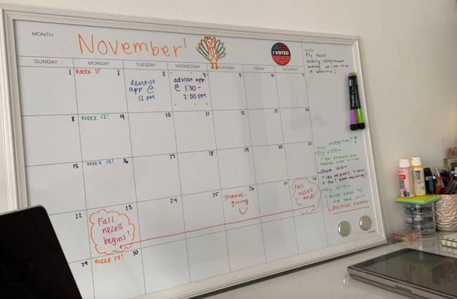 reviewer photo of the calendar on a dorm room desk