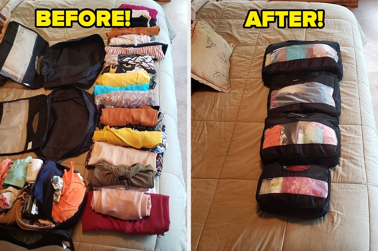 left: reviewer's rolled clothes before using packing cubes / right: reviewer's clothes neatly packed in four black cubes
