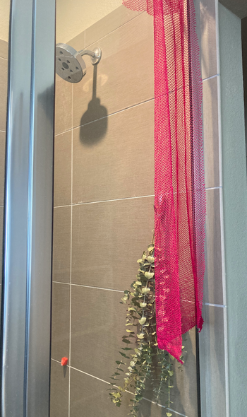 same pink exfoliator hanging up inside a shower