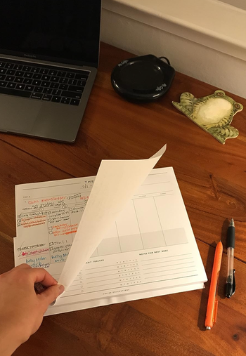 reviewer pulling back a used page of the planner to reveal a blank one 