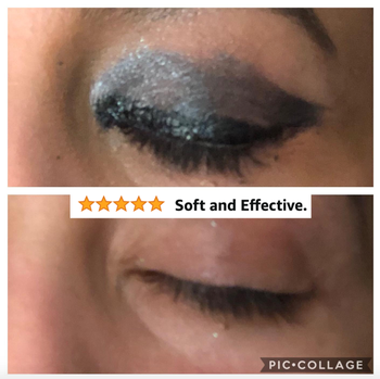 A before/after showing a reviewer's eyeshadow, liner, and mascara removed with five star review text 