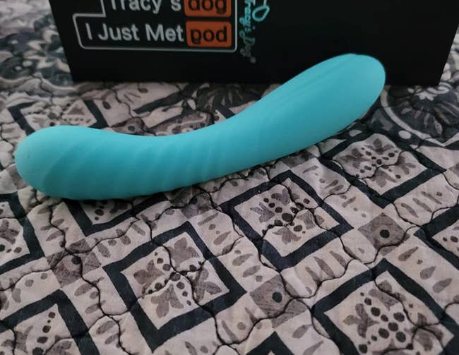 Blue textured vibrator in front of black box