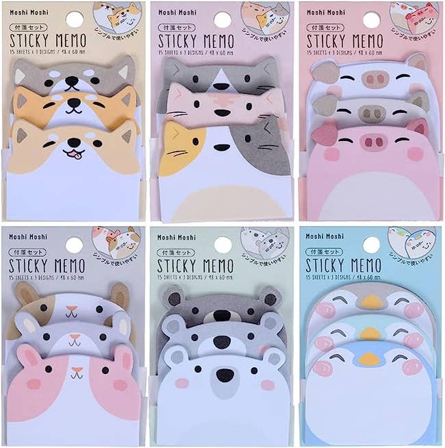 the packs of sticky notes with shiba inu, cat, pig, bunny, bear, and penguin faces