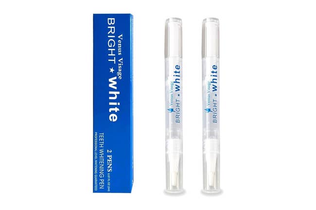 Two Venus Visage Bright White teeth whitening pens next to the product packaging