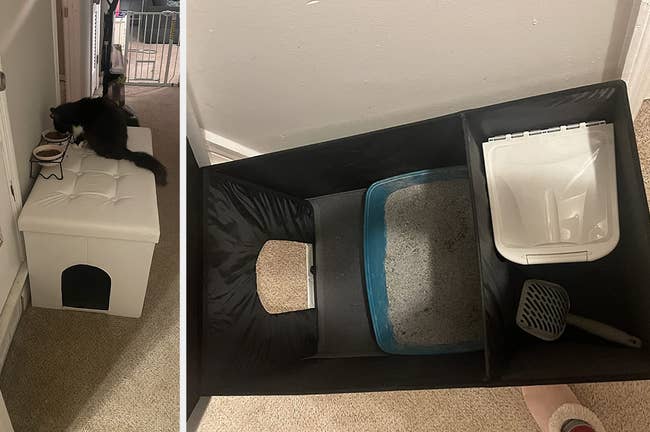 Reviewer image of cat eating on top of white faux leather ottoman with side hole, reviewer image of interior of product with litter box and trash can